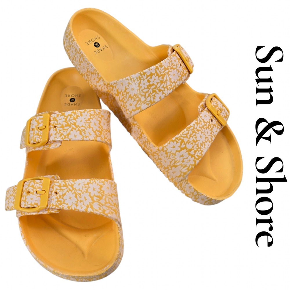 Shade & Shore Sandals Women 8 Yellow Floral EVA Slide Buckle Beach Boho Summer